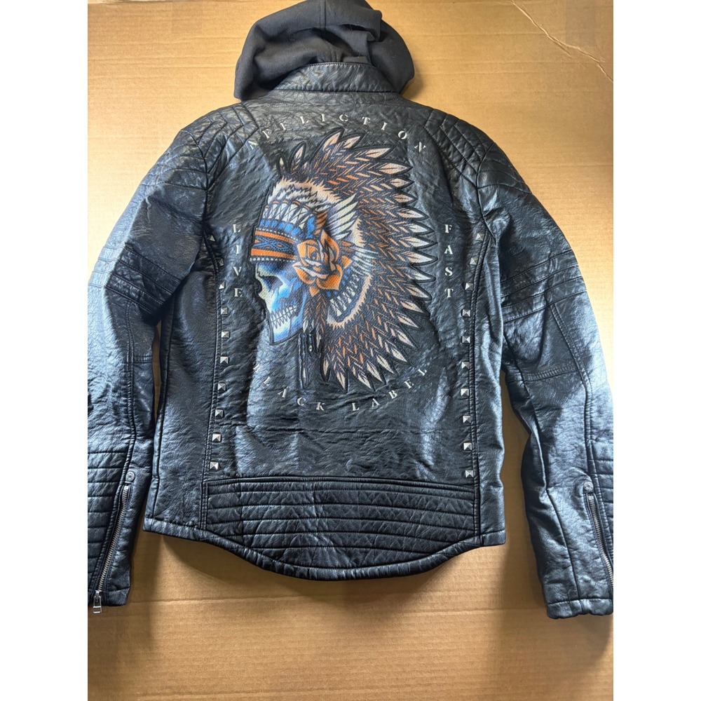 Affliction Moto Jacket Mens S Black Faux Leather Hooded Studded Skull Graphic